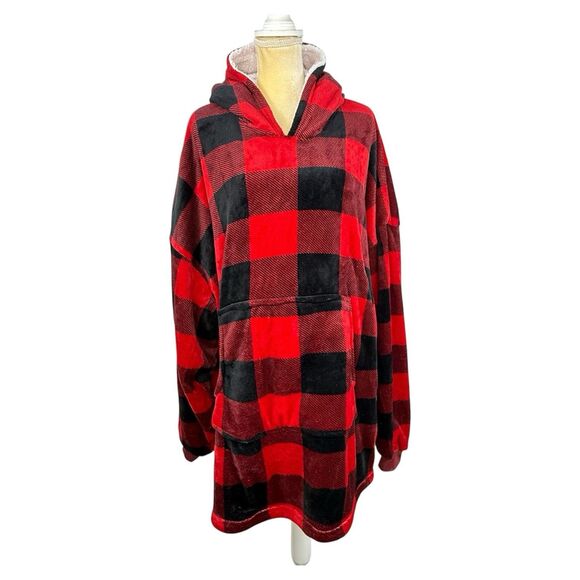 Huggle Hoodie Fleece Sherpa Wearable Blanket Buffalo Plaid One Size Fits All - Picture 3 of 14